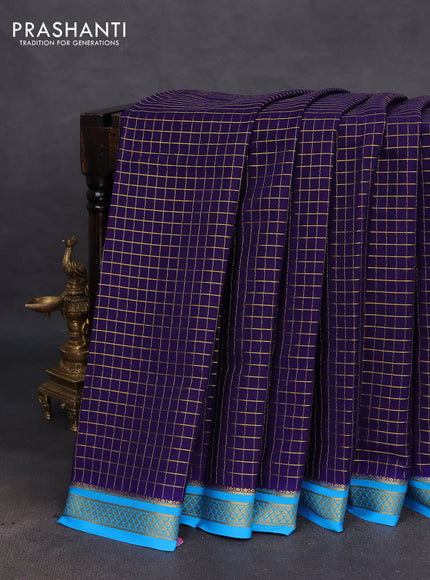 Pure mysore silk saree dark blue and cs blue with allover zari checked pattern and zari woven border