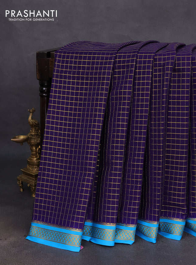 Pure mysore silk saree dark blue and cs blue with allover zari checked pattern and zari woven border