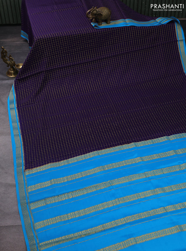 Pure mysore silk saree dark blue and cs blue with allover zari checked pattern and zari woven border
