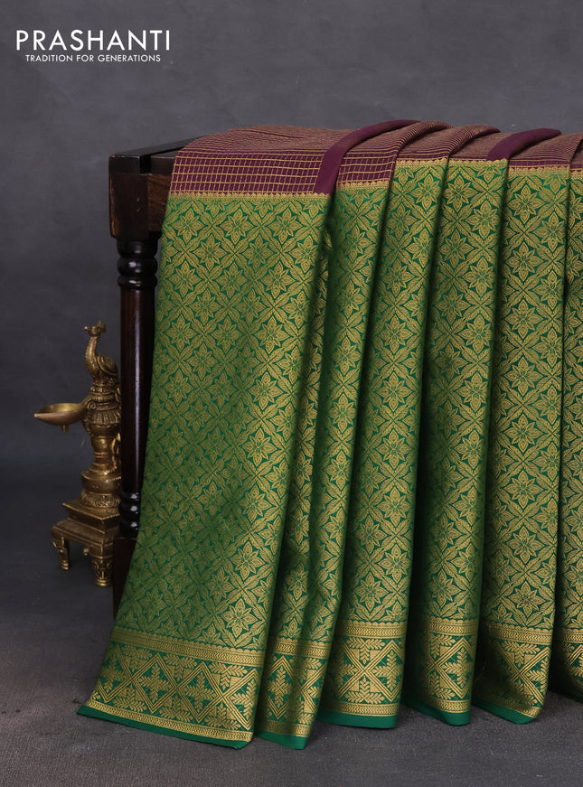 Pure mysore silk saree wine shade and green with allover small zari checks and long zari woven border