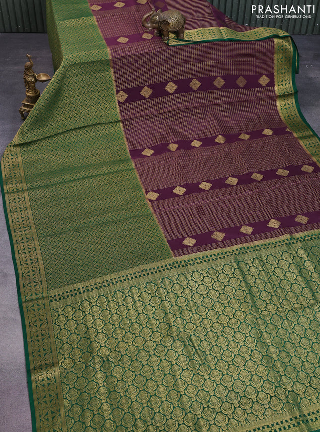 Pure mysore silk saree wine shade and green with allover small zari checks and long zari woven border
