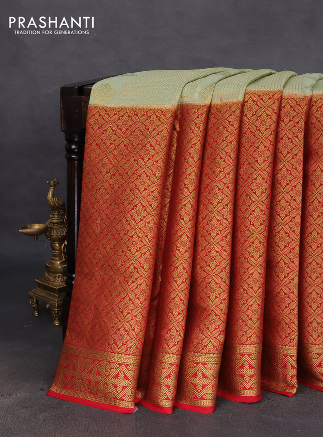 Pure mysore silk saree pista green and red with allover small zari checks and long zari woven border