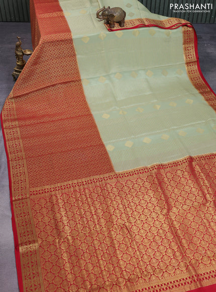 Pure mysore silk saree pista green and red with allover small zari checks and long zari woven border