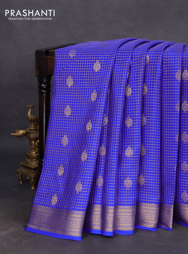 Pure mysore silk saree royal blue with allover small zari checks & buttas and zari woven border