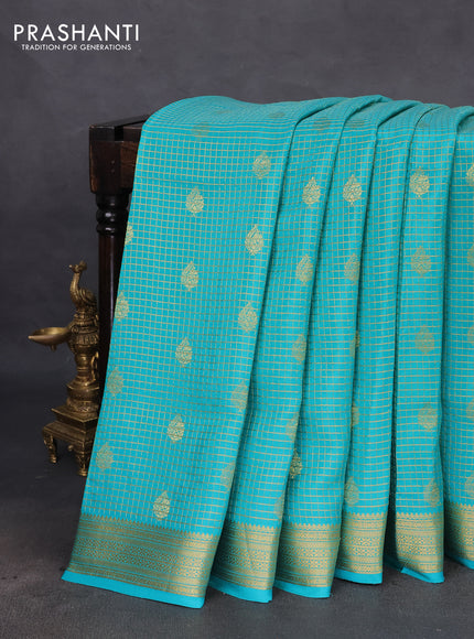 Pure mysore silk saree teal blue with allover small zari checks & buttas and zari woven border