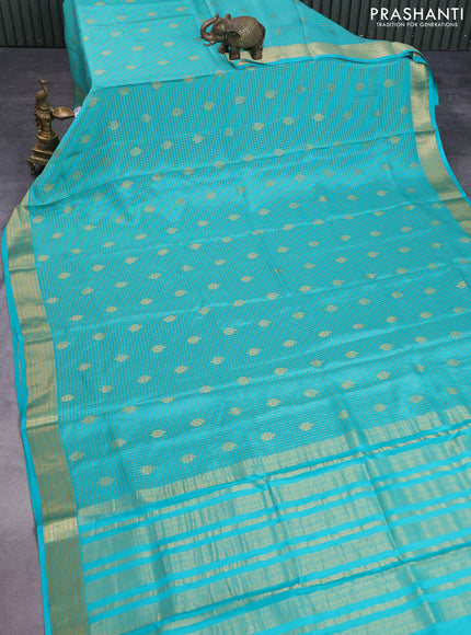 Pure mysore silk saree teal blue with allover small zari checks & buttas and zari woven border