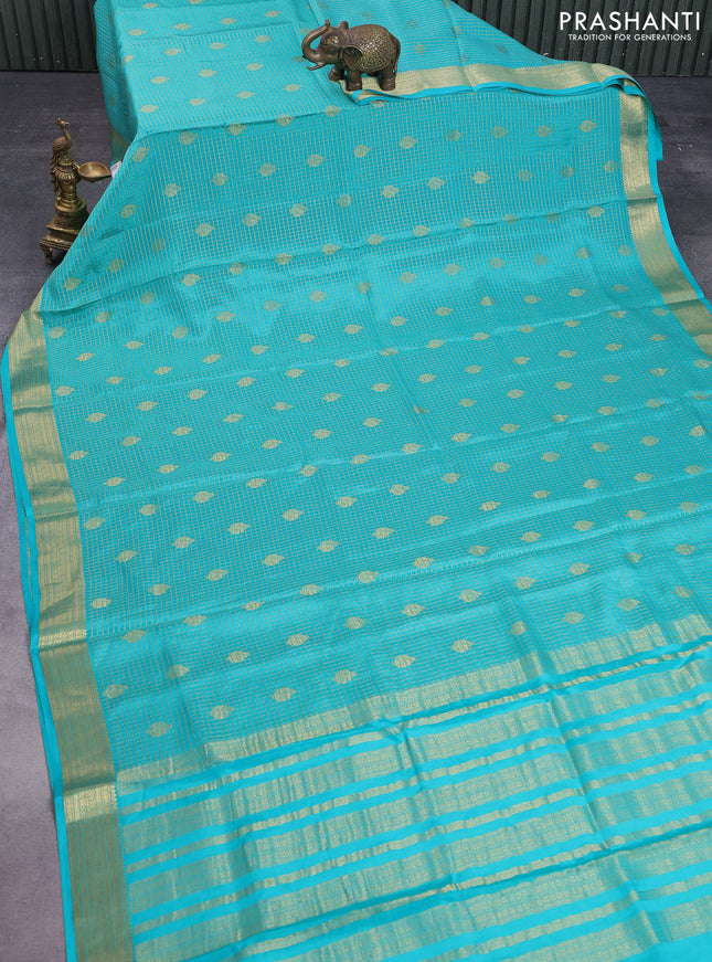 Pure mysore silk saree teal blue with allover small zari checks & buttas and zari woven border