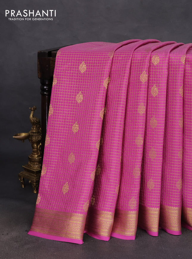 Pure mysore silk saree pink with allover small zari checks & buttas and zari woven border