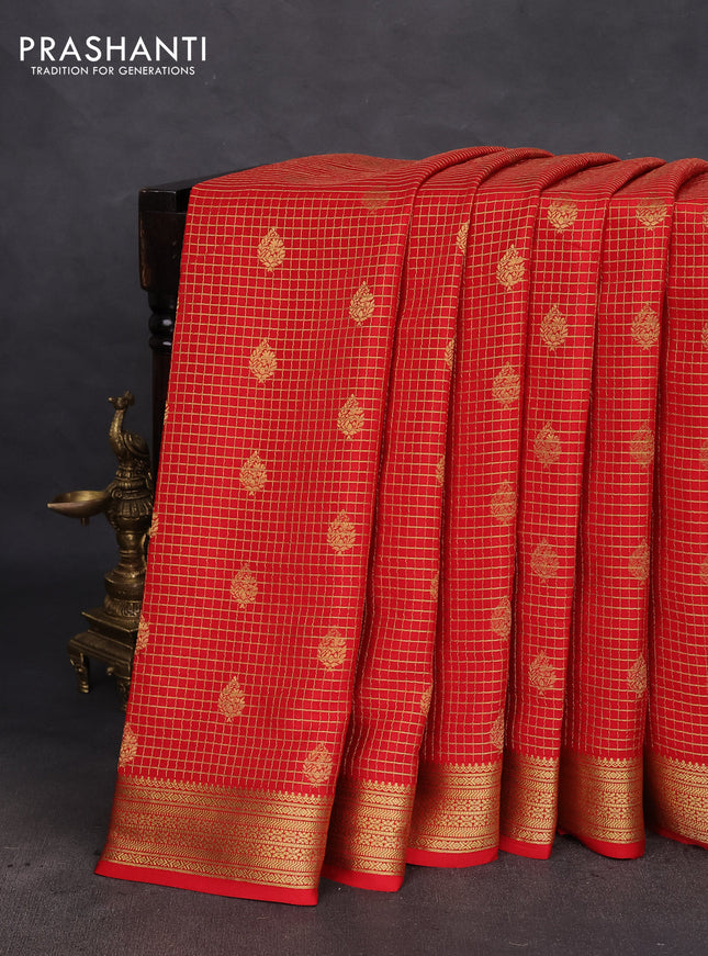 Pure mysore silk saree red with allover small zari checks & buttas and zari woven border