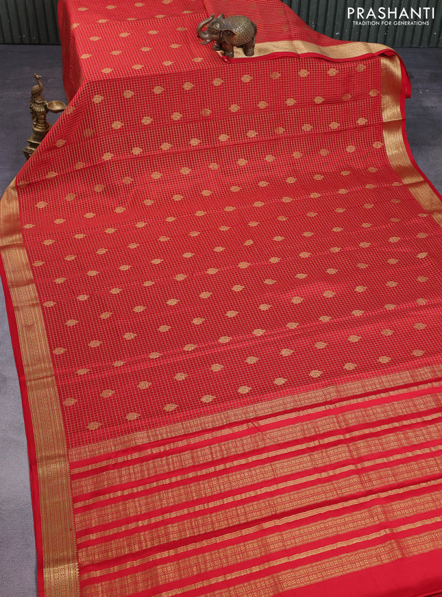 Pure mysore silk saree red with allover small zari checks & buttas and zari woven border