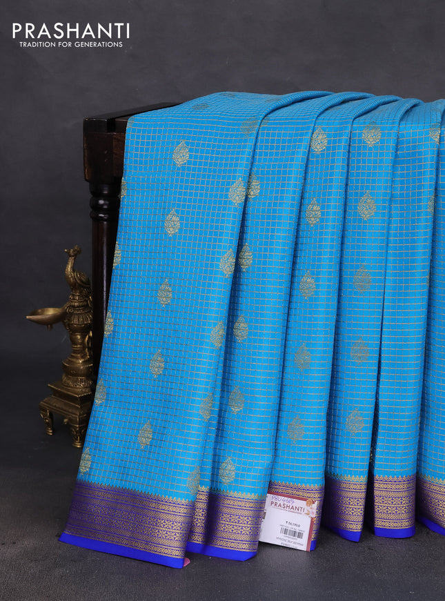 Pure mysore silk saree cs blue and blue with allover small zari checks & buttas and zari woven border