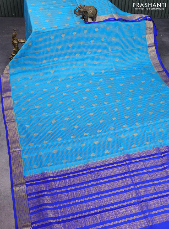 Pure mysore silk saree cs blue and blue with allover small zari checks & buttas and zari woven border
