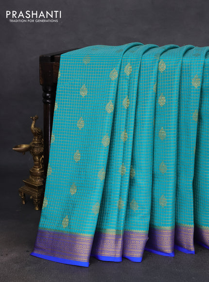 Pure mysore silk saree teal blue and blue with allover small zari checks & buttas and zari woven border