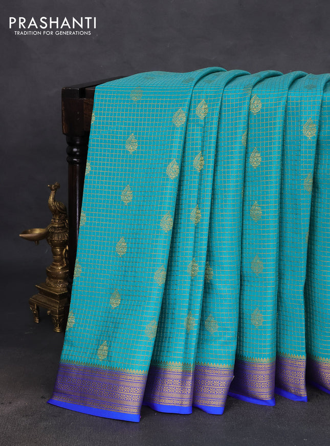 Pure mysore silk saree teal blue and blue with allover small zari checks & buttas and zari woven border