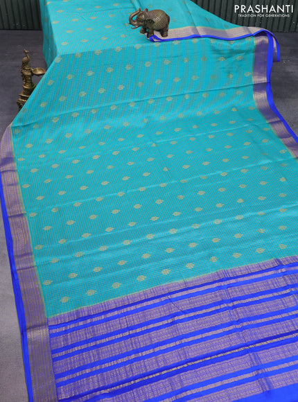 Pure mysore silk saree teal blue and blue with allover small zari checks & buttas and zari woven border