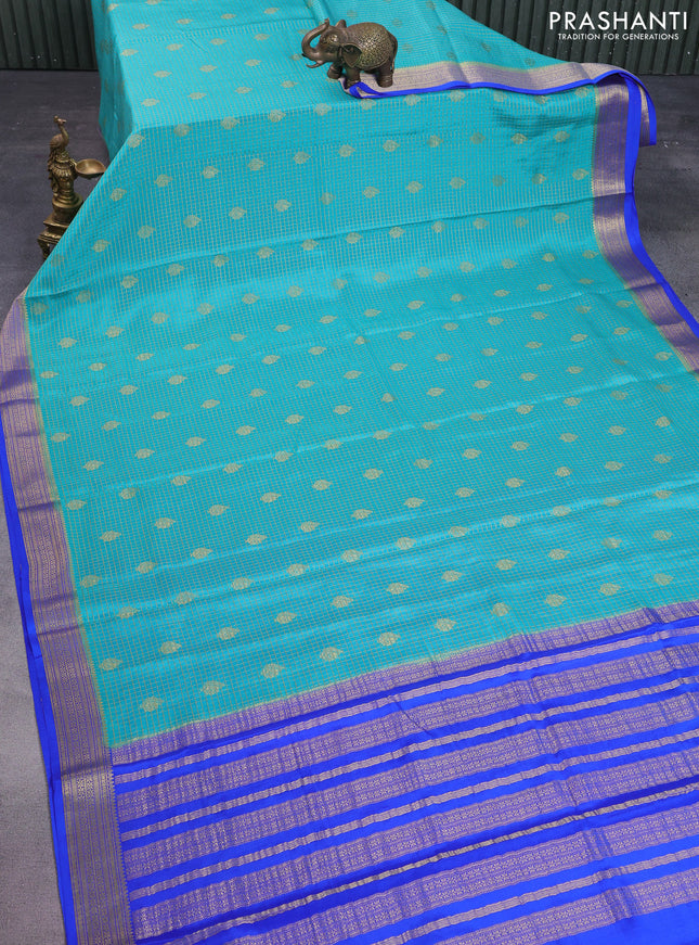 Pure mysore silk saree teal blue and blue with allover small zari checks & buttas and zari woven border