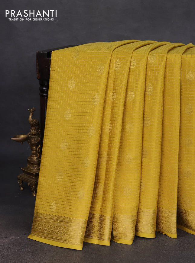 Pure mysore silk saree pale yellow with allover small zari checks & buttas and zari woven border
