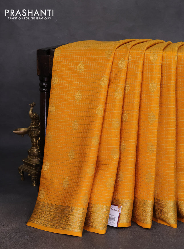 Pure mysore silk saree mustard yellow with allover small zari checks & buttas and zari woven border