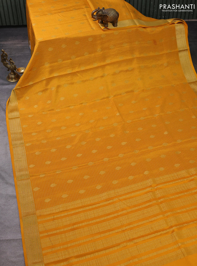 Pure mysore silk saree mustard yellow with allover small zari checks & buttas and zari woven border