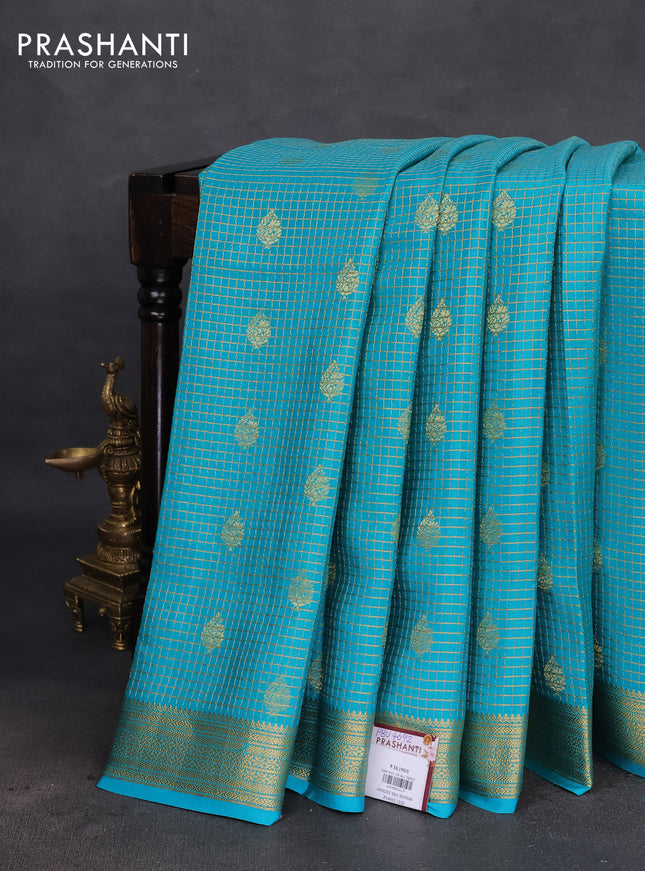 Pure mysore silk saree teal blue with allover small zari checks & buttas and zari woven border
