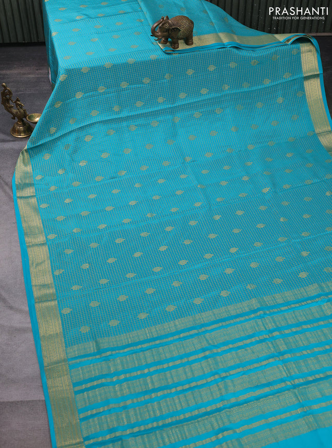 Pure mysore silk saree teal blue with allover small zari checks & buttas and zari woven border