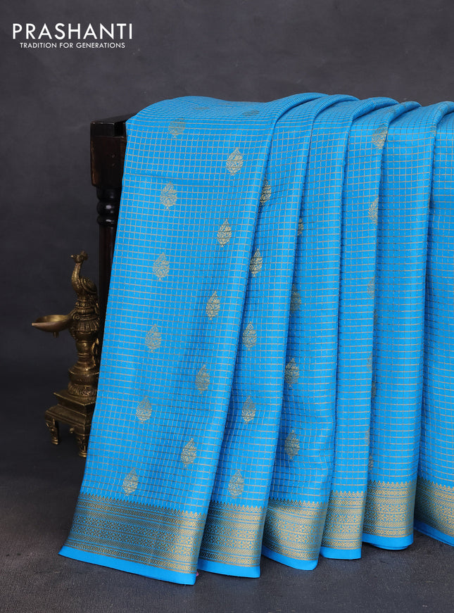 Pure mysore silk saree light blue with allover small zari checks & buttas and zari woven border