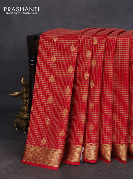 Pure mysore silk saree red with allover small zari checks & buttas and zari woven border