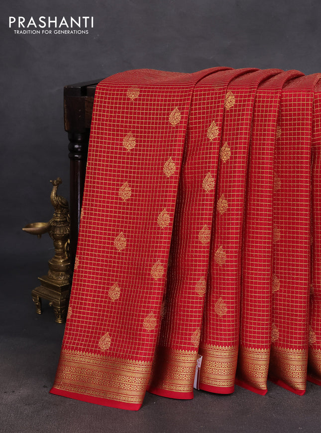 Pure mysore silk saree red with allover small zari checks & buttas and zari woven border