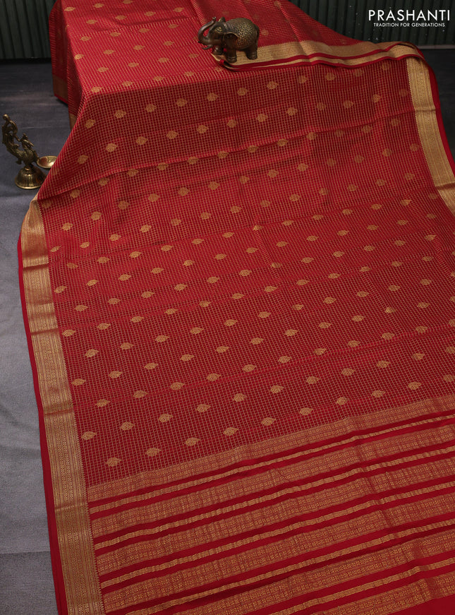 Pure mysore silk saree red with allover small zari checks & buttas and zari woven border