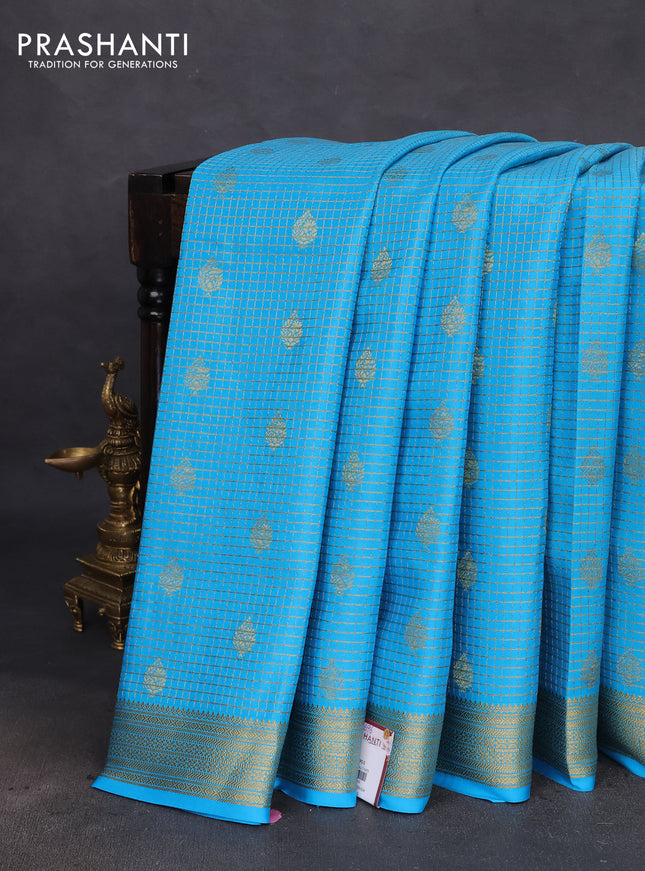 Pure mysore silk saree cs blue with allover small zari checks & buttas and zari woven border