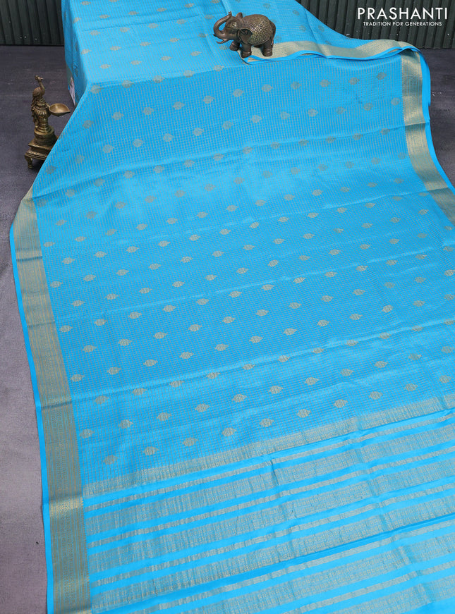 Pure mysore silk saree cs blue with allover small zari checks & buttas and zari woven border