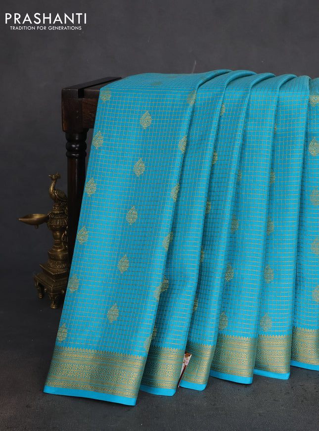 Pure mysore silk saree light blue with allover small zari checks & buttas and zari woven border