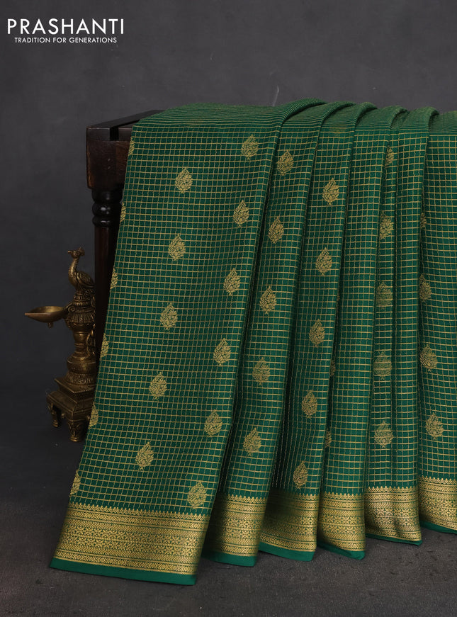 Pure mysore silk saree green with allover small zari checks & buttas and zari woven border