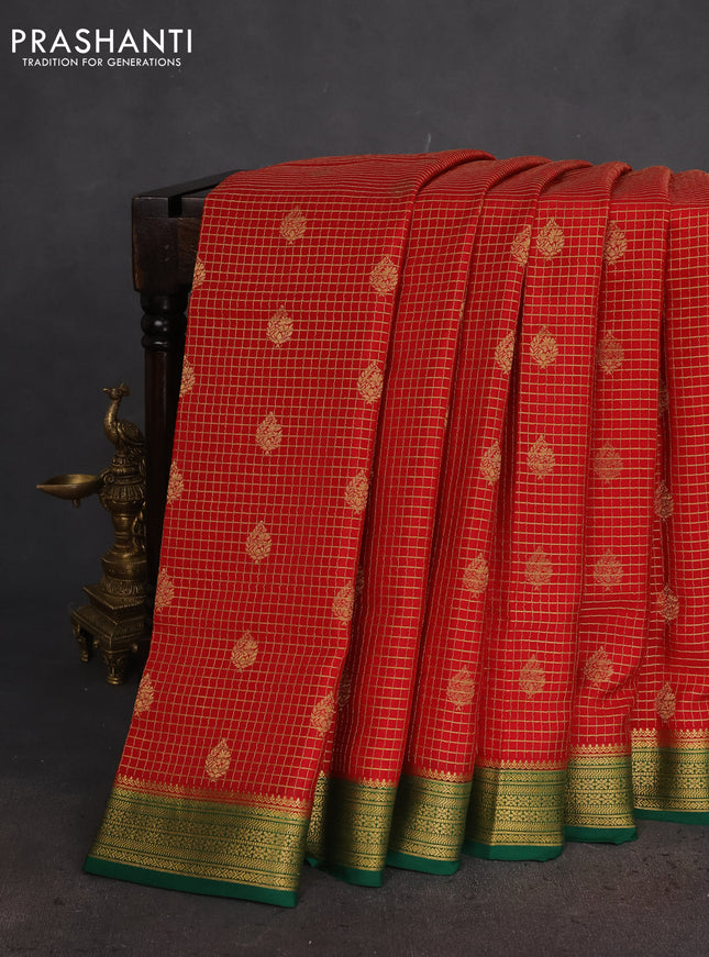 Pure mysore silk saree red and green with allover small zari checks & buttas and zari woven border
