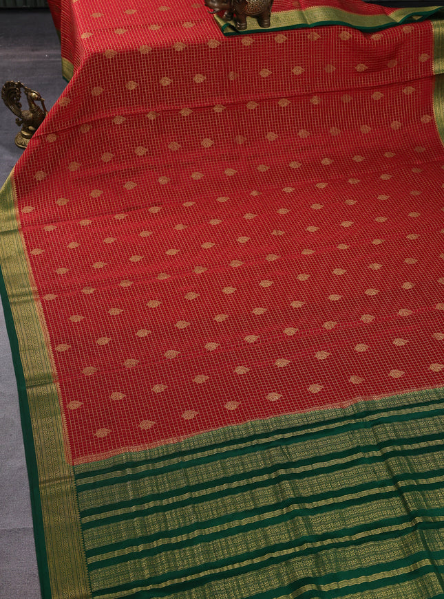 Pure mysore silk saree red and green with allover small zari checks & buttas and zari woven border