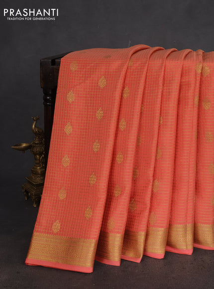 Pure mysore silk saree peach orange with allover small zari checks & buttas and zari woven border
