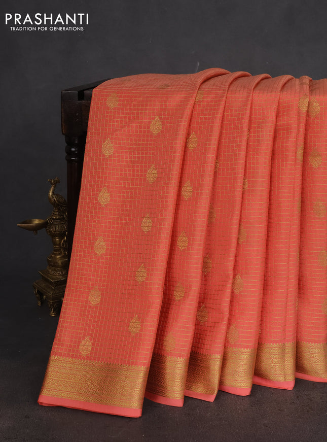 Pure mysore silk saree peach orange with allover small zari checks & buttas and zari woven border