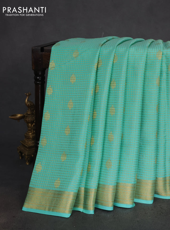 Pure mysore silk saree teal green with allover small zari checks & buttas and zari woven border