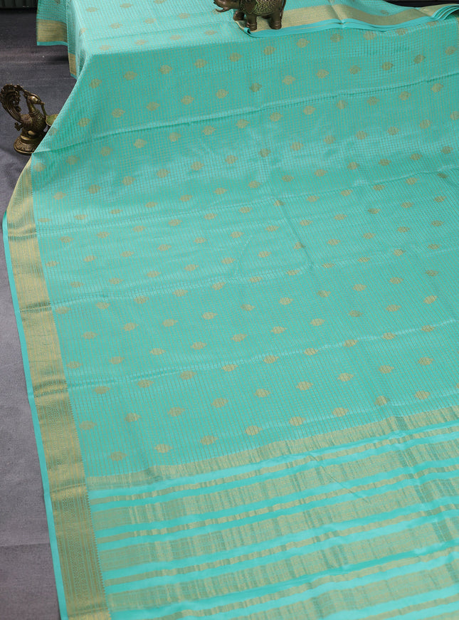 Pure mysore silk saree teal green with allover small zari checks & buttas and zari woven border