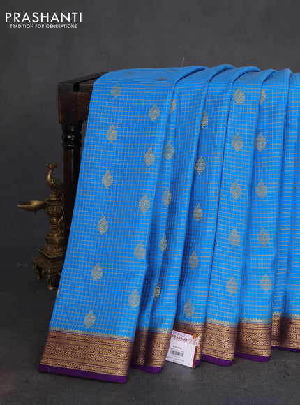 Pure mysore silk saree cs blue and violet with allover small zari checks & buttas and zari woven border