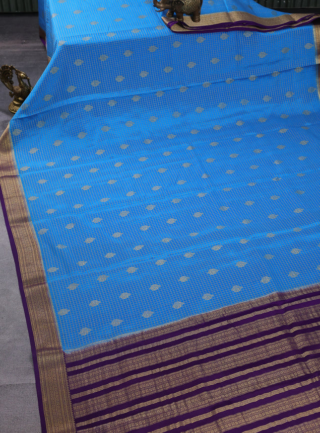 Pure mysore silk saree cs blue and violet with allover small zari checks & buttas and zari woven border