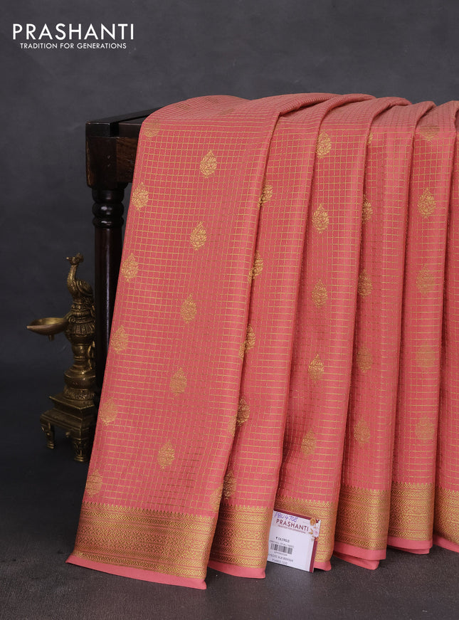 Pure mysore silk saree peach pink with allover small zari checks & buttas and zari woven border