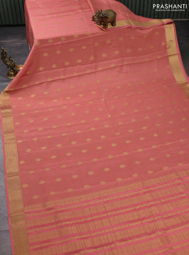Pure mysore silk saree peach pink with allover small zari checks & buttas and zari woven border
