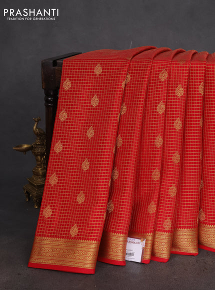 Pure mysore silk saree red with allover small zari checks & buttas and zari woven border