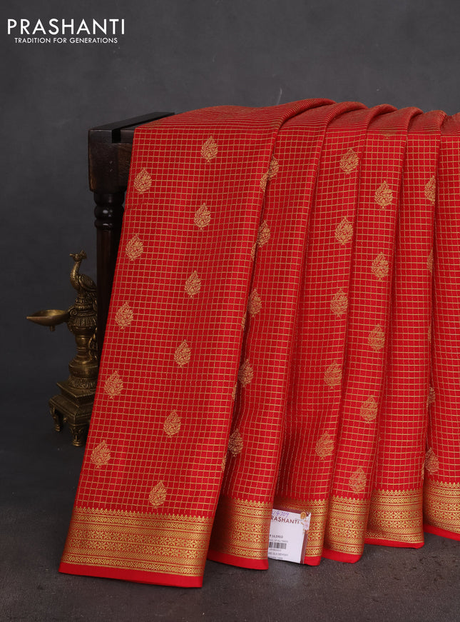 Pure mysore silk saree red with allover small zari checks & buttas and zari woven border