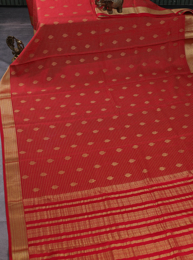 Pure mysore silk saree red with allover small zari checks & buttas and zari woven border