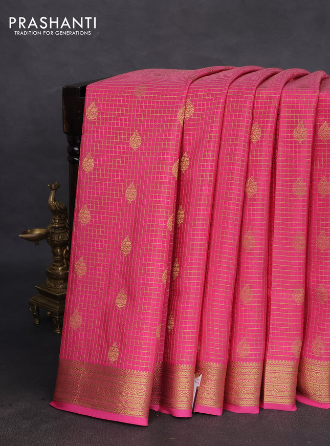 Pure mysore silk saree peach pink with allover small zari checks & buttas and zari woven border