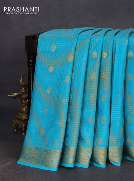 Pure mysore silk saree teal blue with allover small zari checks & buttas and zari woven border