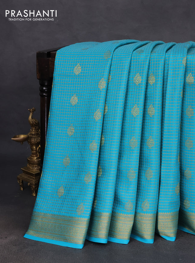 Pure mysore silk saree teal blue with allover small zari checks & buttas and zari woven border