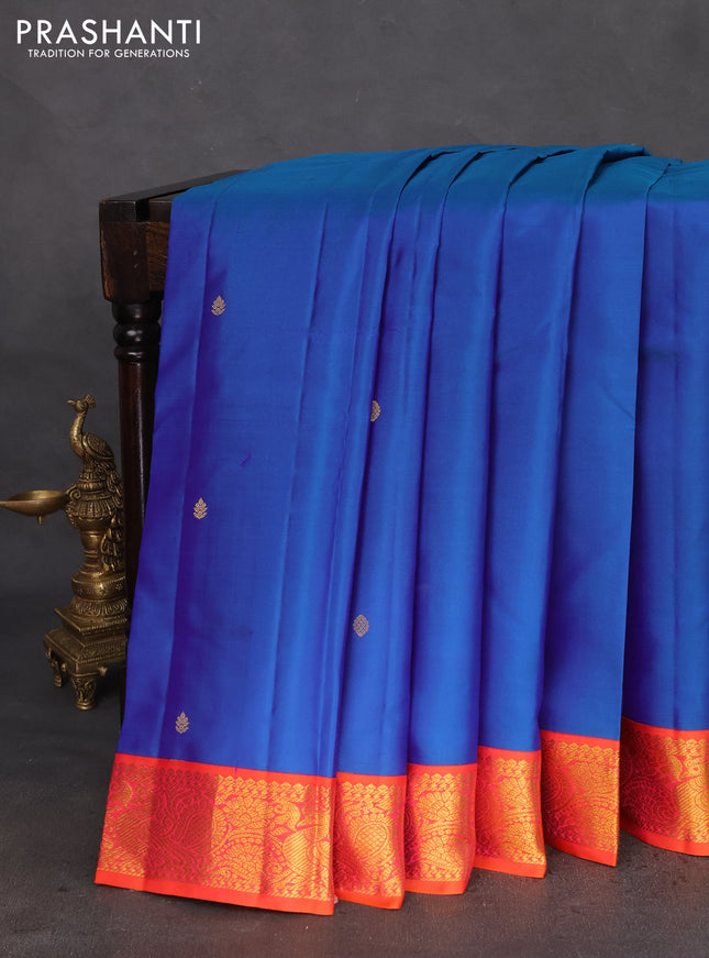 Pure kanchipuram silk saree dual shade of blue and orange with zari woven buttas and zari woven korvai border